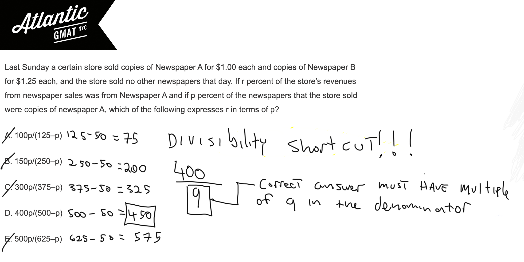 last sunday a certain store sold copies of newspaper a for $1.00 each and copies of newspaper b for $1.25 each, and the store sold no other newspapers that day gmat explanation shortcut diagram