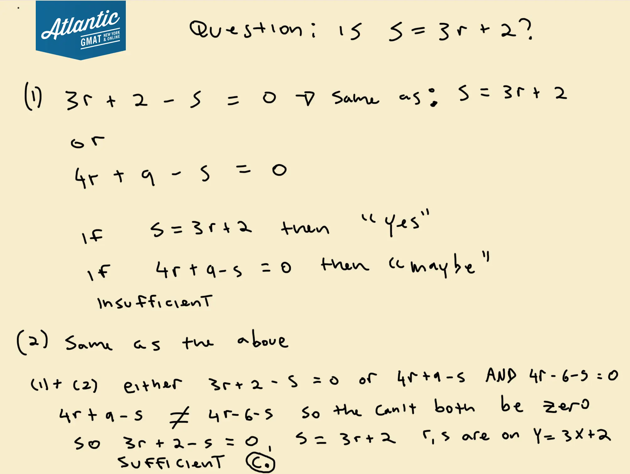 in the xy-plane, does the line with equation y = 3x + 2 contain the point (r,s)?